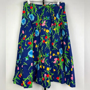 Vintage Sanibel Sport Blue Tulip‎ Floral Button Up Pleated A-Line Skirt